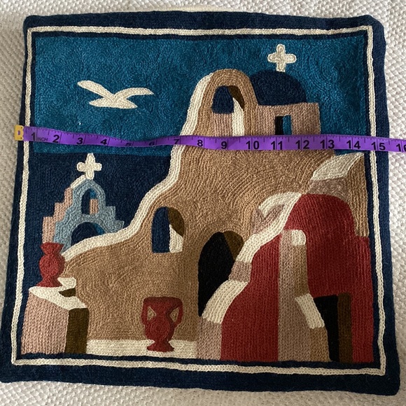 Vtg 90’s Handmade needle wool crafted Cushion Greek scenery art Size 15.5”x15.5” - Picture 10 of 13
